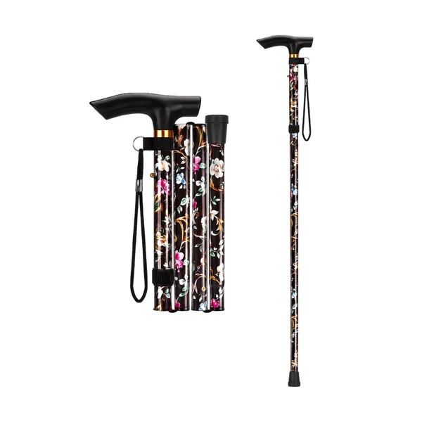 Raven – Black Floral Lightweight Aluminium Adjustable Folding Walking Stick